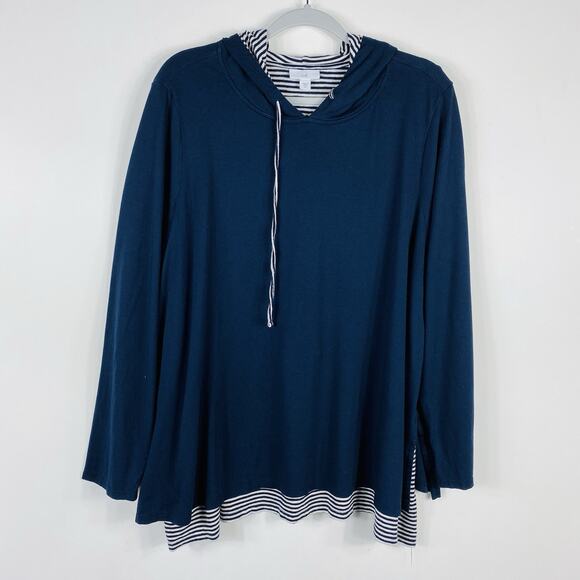 J. Jill Size XL Layered Stripe Hooded Top Navy Blue Cotton Modal - Picture 3 of 9